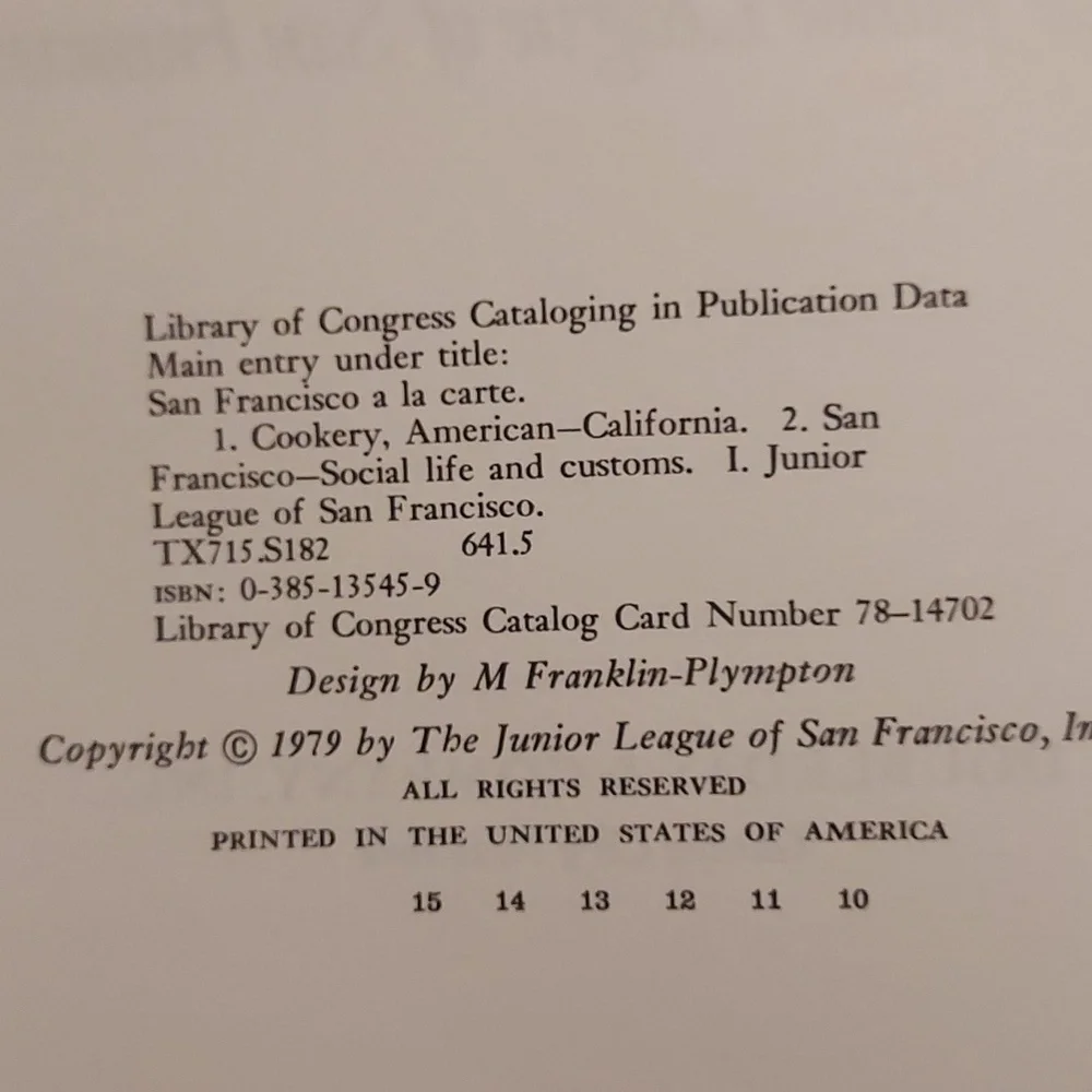 Cookbook San Francisco A La Carte Jr. League Cookbook